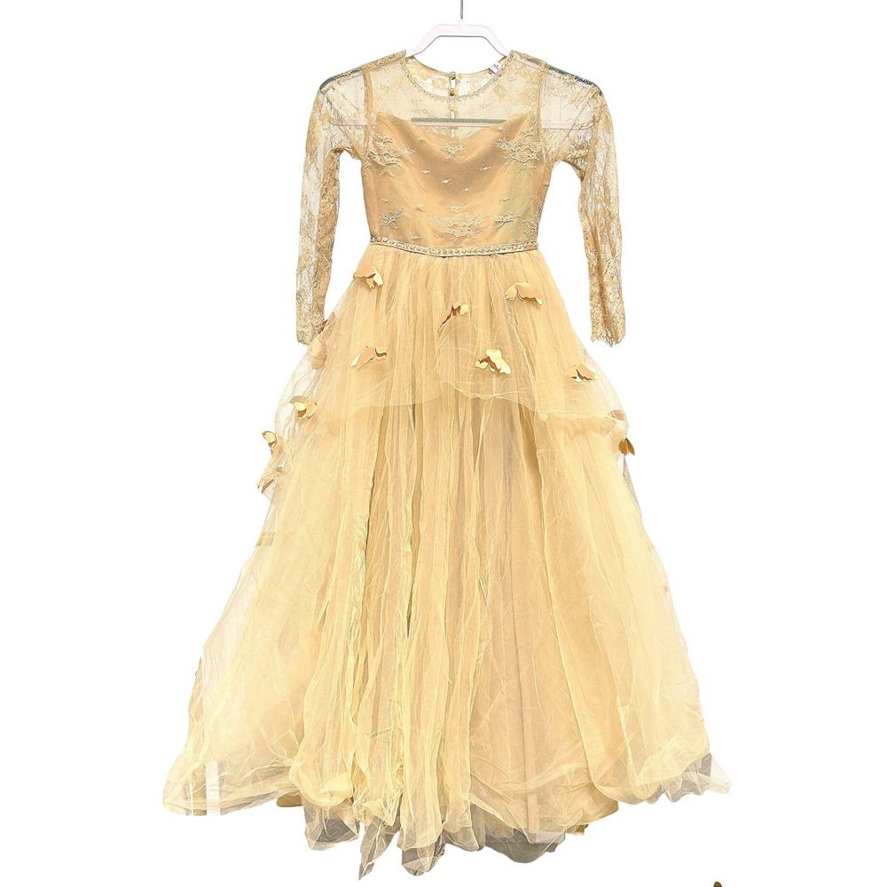 Trish Scully Child Gold Butterfly Tulle Lace Gown Kids Size 12 Formal Dress